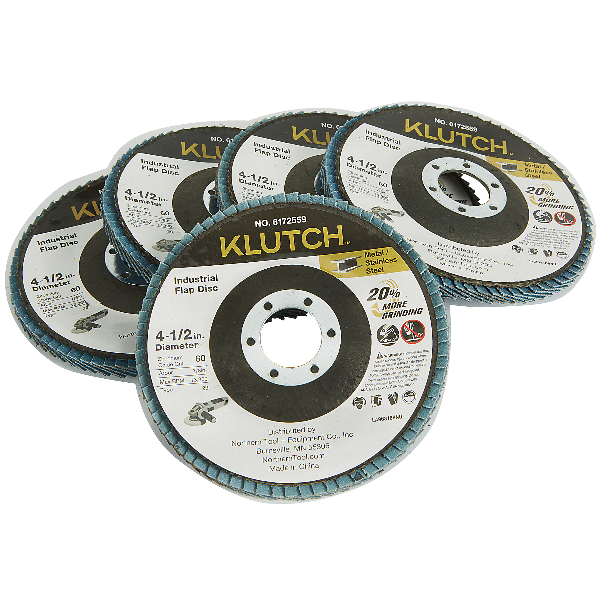 Klutch Industrial Metal Flap Discs, 5-Pk., 4-1/2in., 60 Grit, Type 29, 7/8in. Arbor, Angle Grinders